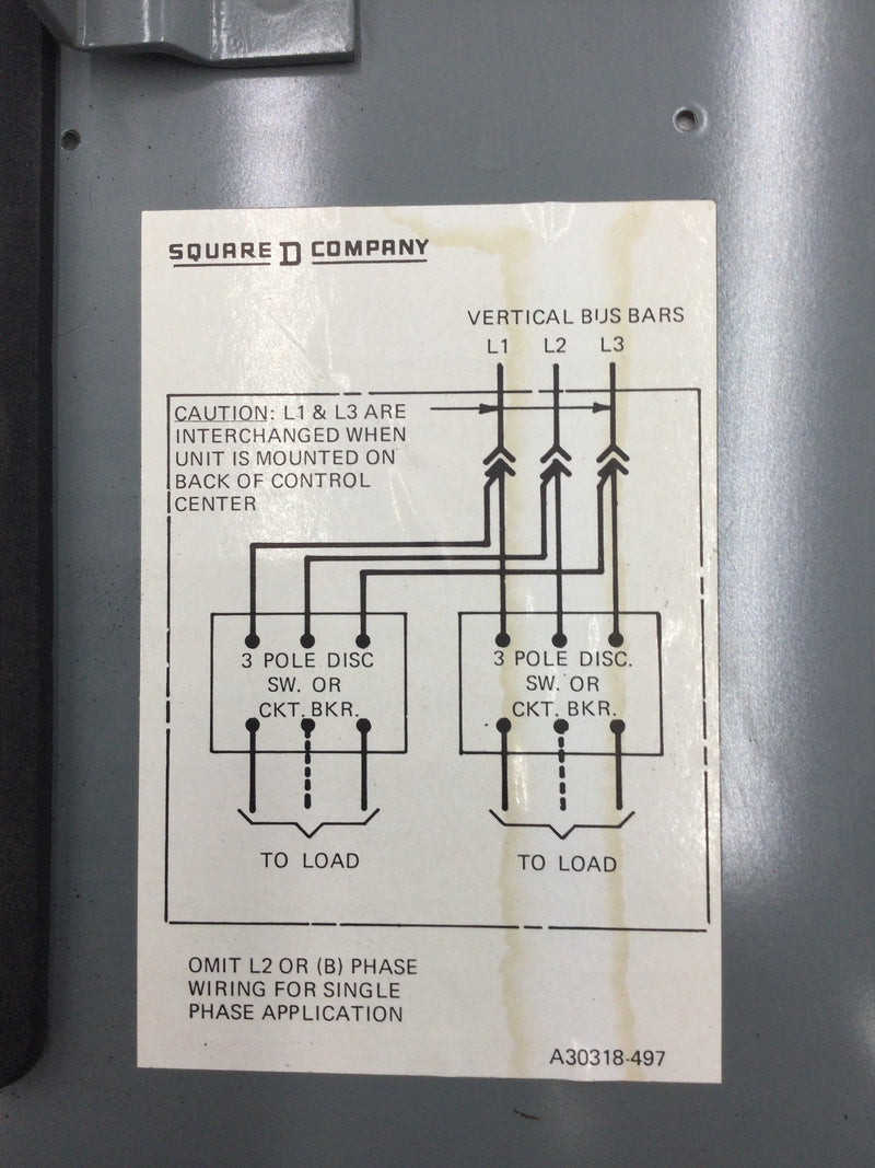 Square D Y47 Breaker Bucket Box 480 Volt 3 Phase Class 8998 Type BW412 Series A 14" x 11"