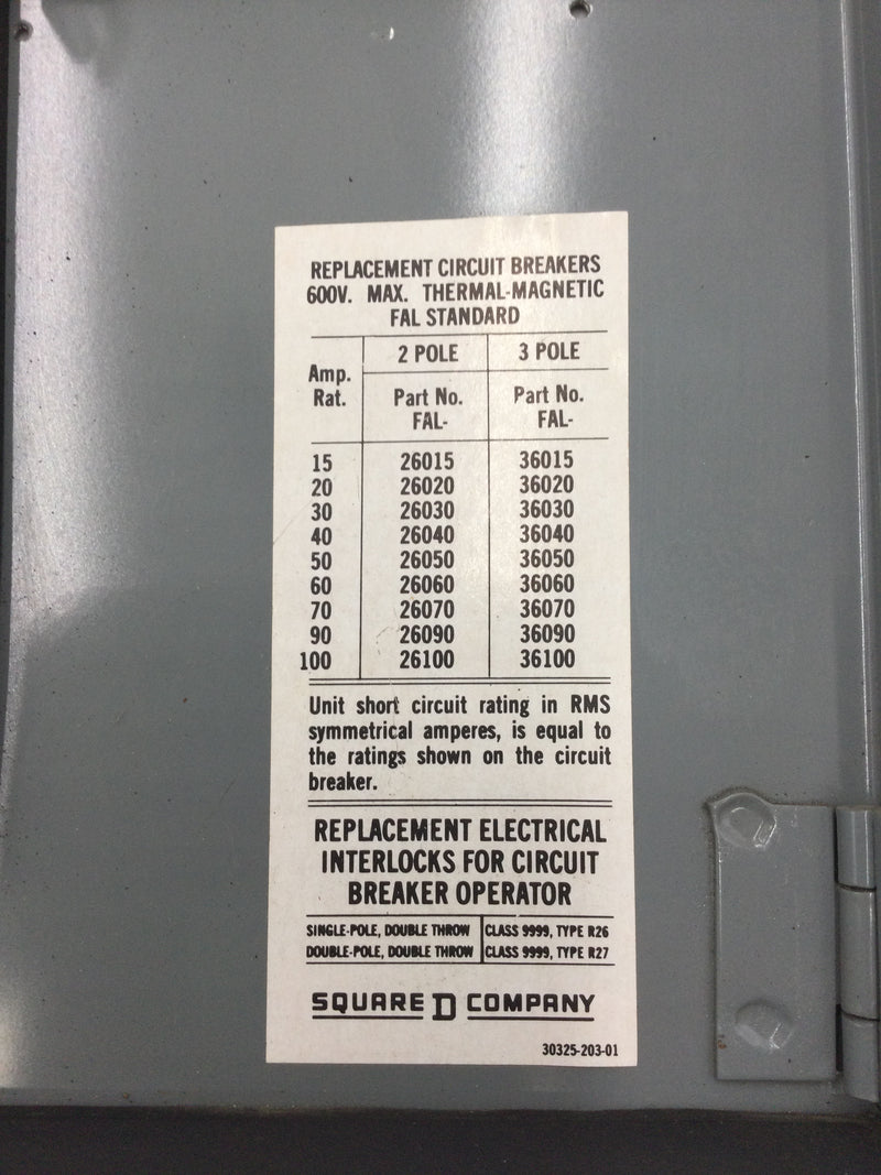 Square D Y47 Breaker Bucket Box 480 Volt 3 Phase Class 8998 Type BW412 Series A 14" x 11"