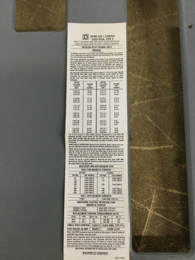 Square D Y47 Breaker Bucket Box 480 Volt 3 Phase Class 8998 Type EC402 Series B 15" X 17"