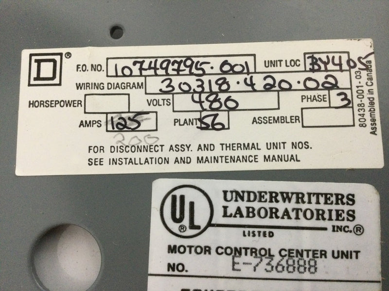 Square D 10749795-001/BY405 Motor Control Bucket/Box 480 VAC 125 Amps 3 Phase