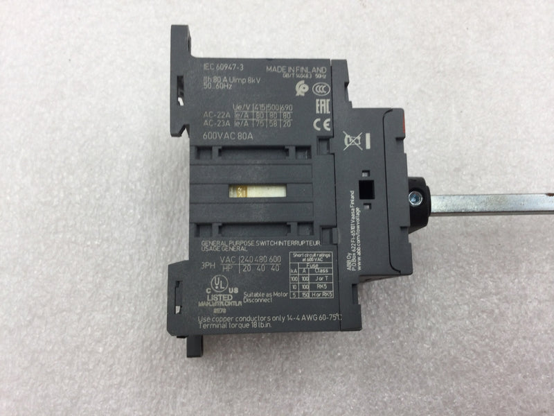 ABB OT80F3 (1SCA105798R1001) 3 Pole 80 Amp 240-600 VAC 20-40 HP Disconnect Switch with Handle