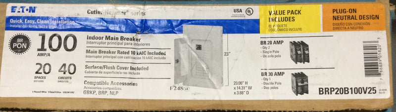 Eaton BRP20B100V25 100 Amp 20 space/ 40 Circuit Indoor Main Breaker  Plug On Neutral Load Center Value Pack includes ((2) BR120 and (1) BR230)