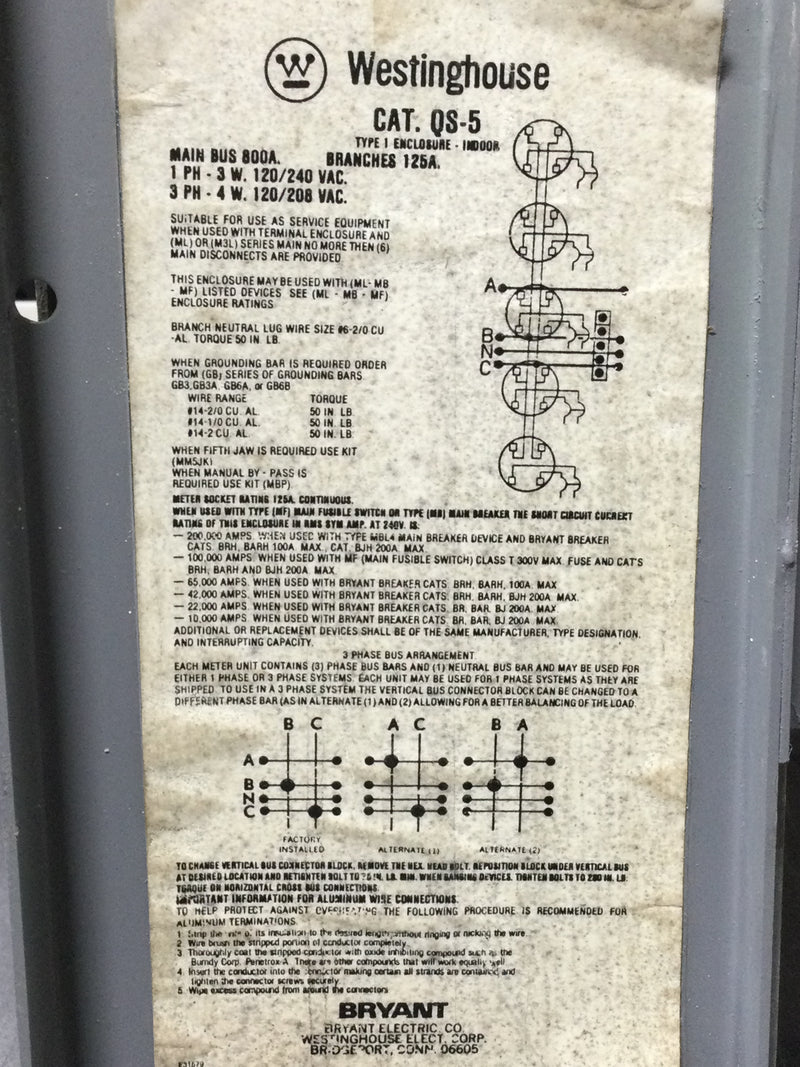 Westinghouse/Bryant Meter QS-4 / QS5 QS/QP Quick-Stack Meter Stack Socket 60-125 Amps 240 Volts Back Buss Assembly