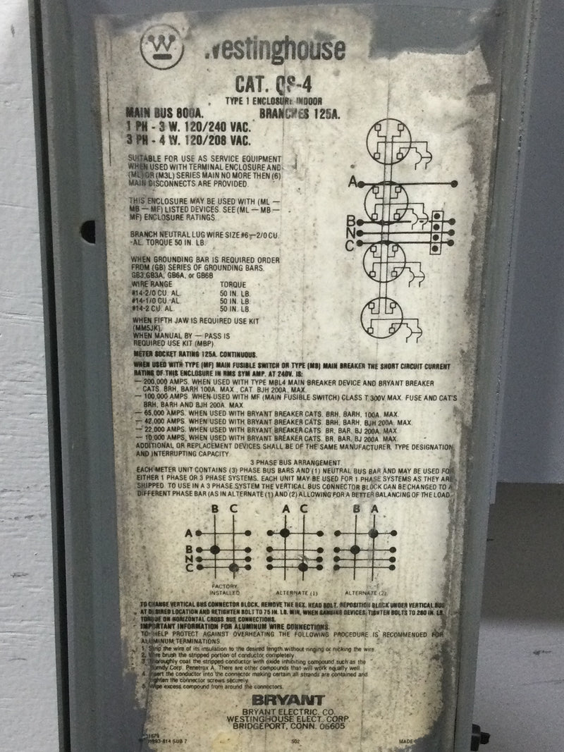 Westinghouse/Bryant Meter QS-4 / QS5 QS/QP Quick-Stack Meter Stack Socket 60-125 Amps 240 Volts Back Buss Assembly