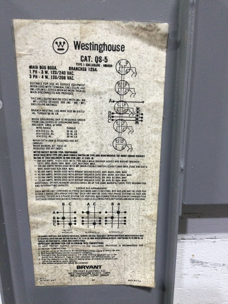 Westinghouse/Bryant Meter QS-5 QS/QP Quick-Stack Meter Center MF6N 600 amp Cover 56 1/4" x 12"