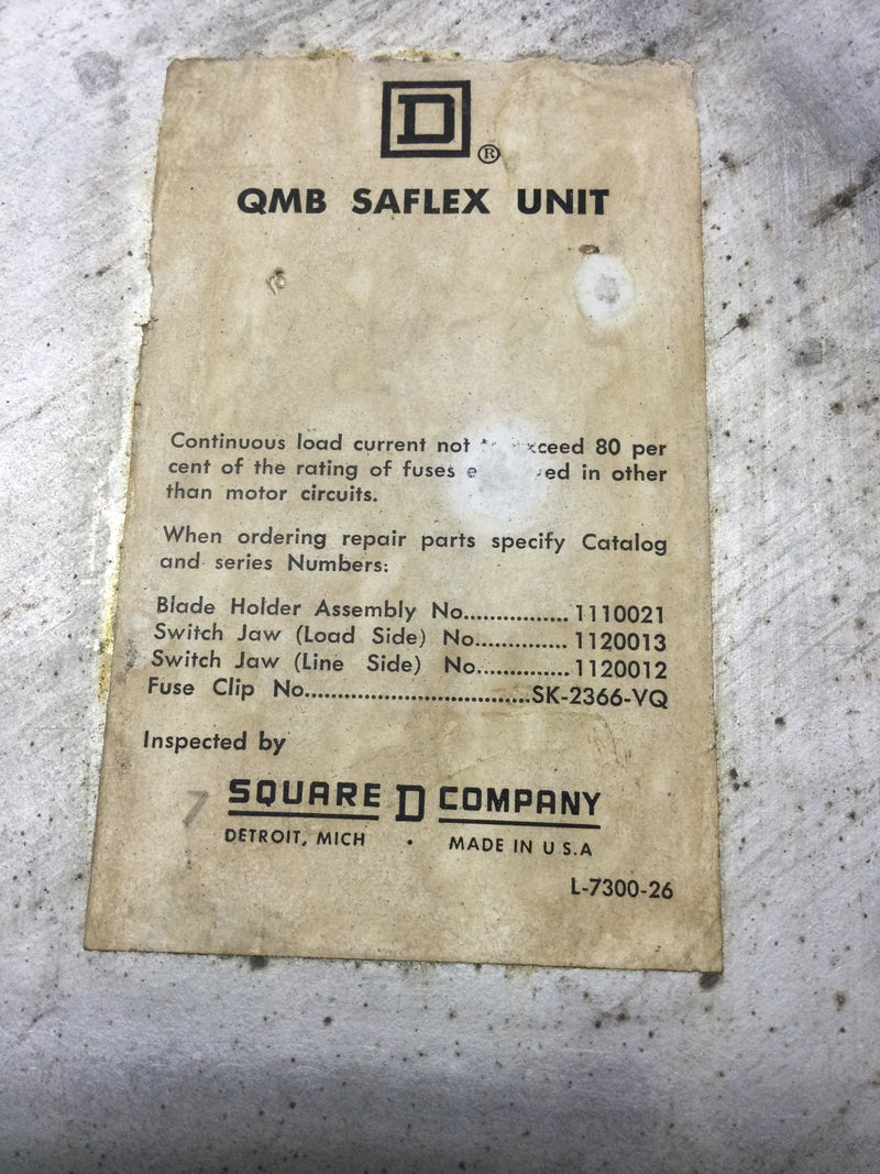 Square D QMB3260M 3 Pole 600A 240VAC 75Hp Standard 200Hp Max Type QMB Saflex Unit 14 1/2" X 20 "