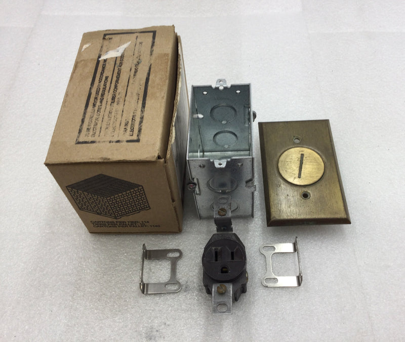 Leviton 5249-TF Series Single Round Floor Box with 15 Amp 125 VAC Single Receptacle Brushed Brass Finish