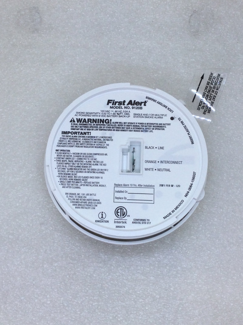 BRK/First Alert 9120B Smoke Alarm 120 VAC with 9 Volt Battery Back-up