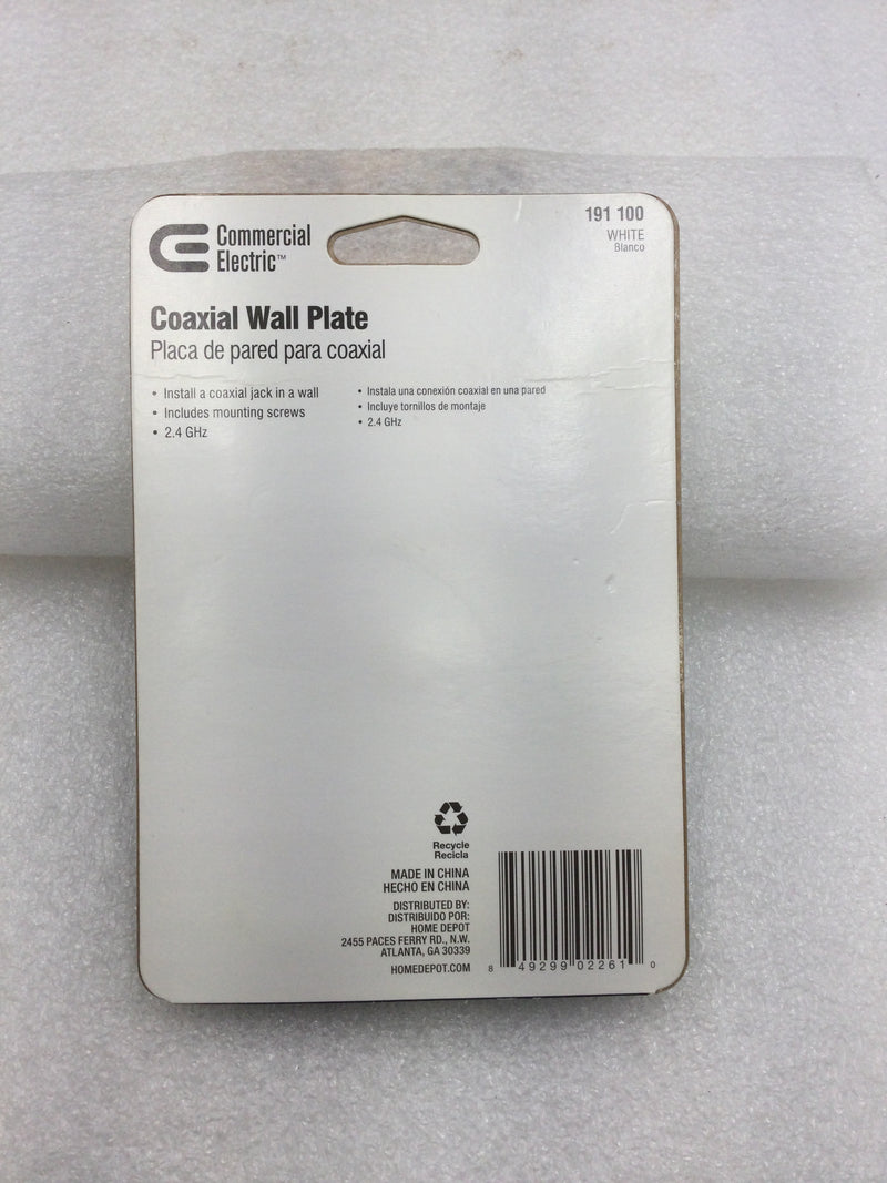 Commerical Electric 191 100 Single Gang White Coaxial Video Cable Wall Plate