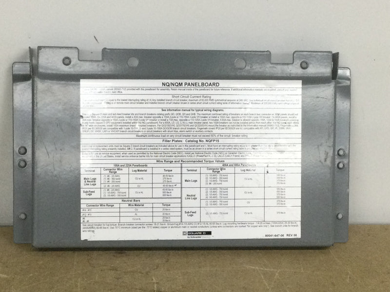 Square D NQFP15 Filler Plate 7 1/4" x 12 3/8"