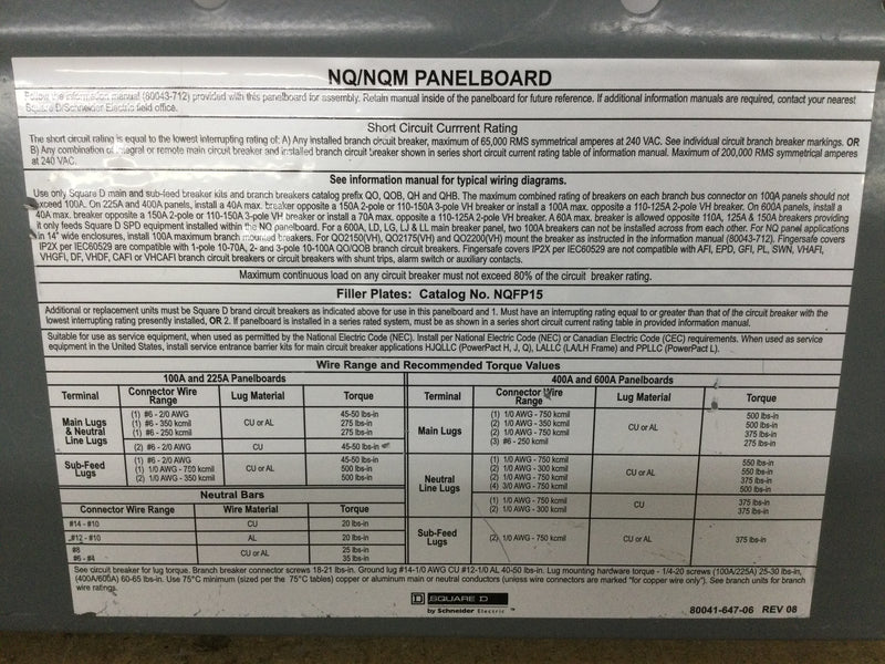 Square D NQFP15 Filler Plate 7 1/4" x 12 3/8"