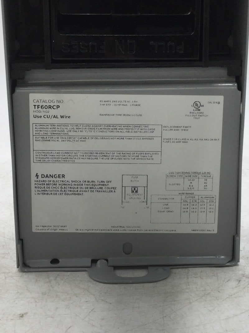 GE General Electric TF60RCP Fuse Metallic AC Disconnect 60 Amp 240-Volt Switch Box Power Enclosure