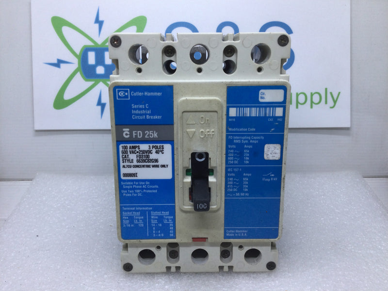 Cutler Hammer FD3100 100 Amp 600v 3 Pole Circuit Breaker