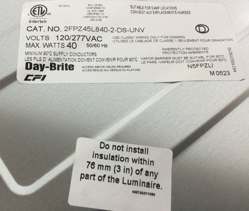 Day-Brite CFI 2FPZ45L840-2-DS-UNV-DIM 2 X 2 LED Panel 120/277 VAC 40 Watts Dimmable