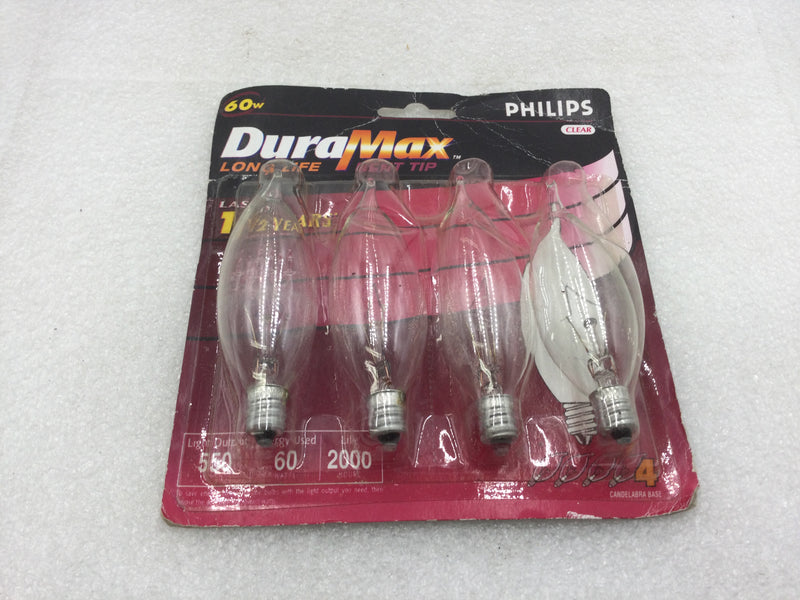 Philips BC60BA9C/CL/LL DuraMax 120 VAC 60 Watt Bent Tip Candelabra Base Light Bulb (Pack of Four)