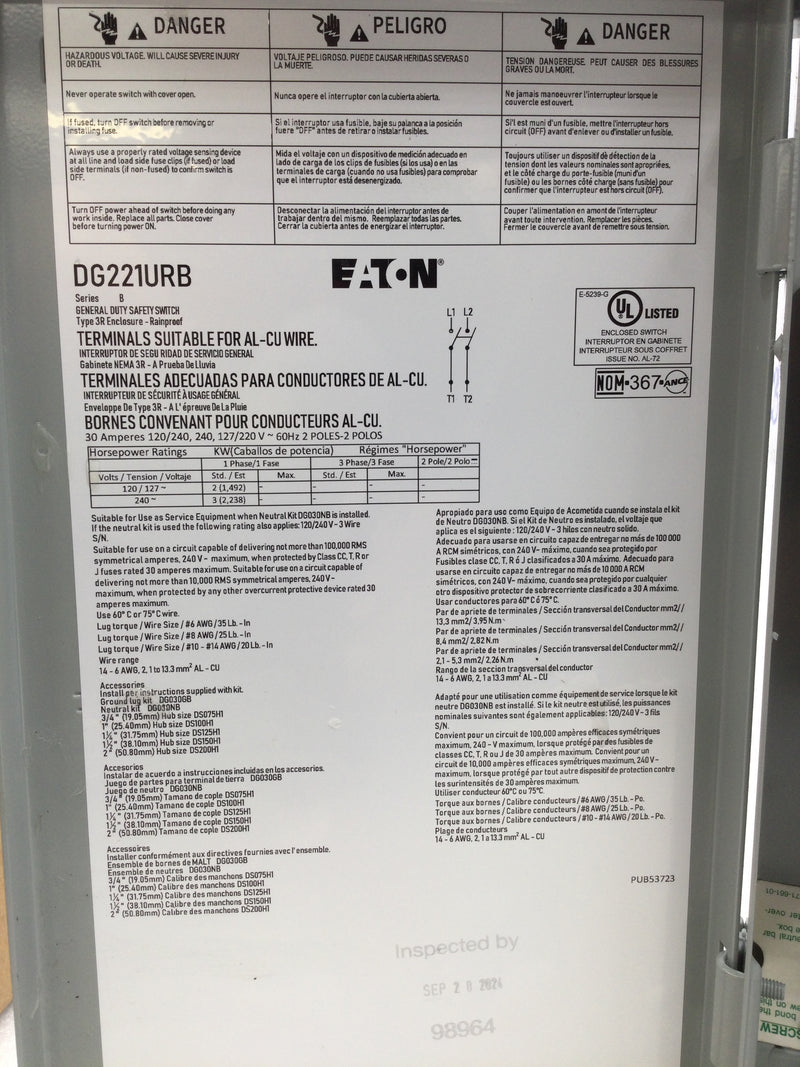 Eaton DG221URB 30 Amp 240V 2 Pole Non-Fusible Nema 3R Disconnect