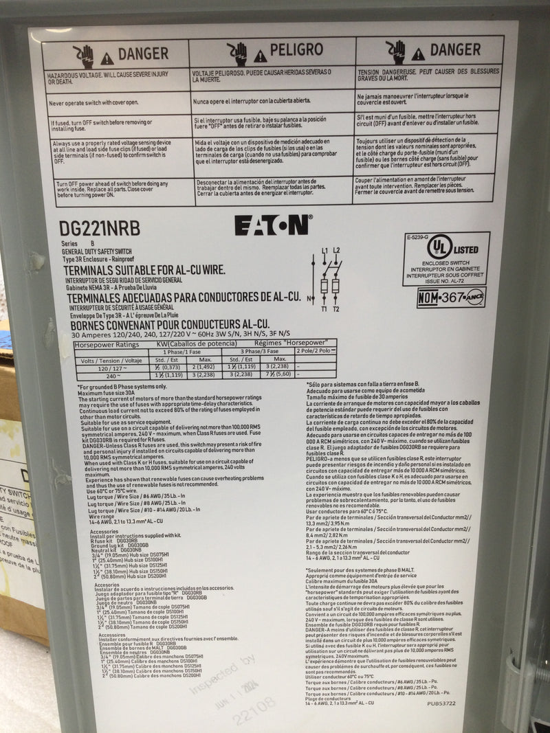 Eaton DG221NRB Outdoor General Duty Safety Switch 120v 240v 30 Amp Series 30a fused.