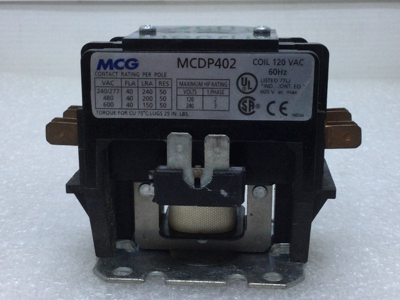 MCG MCDP402 Definite Purpose Contactor 2-Pole Coil 120VAC 60Hz