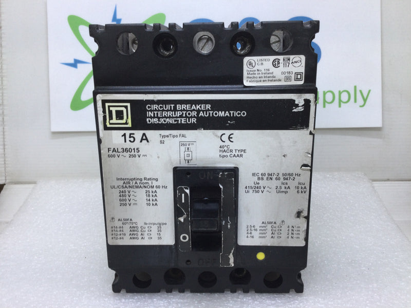 Square D FAL36015 15 Amp 3 Pole 600V Molded Case Circuit Breaker