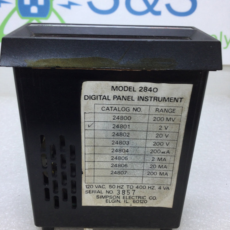 Simpson 24801 Model 2840 Digital Panel Instrument 2V 120V 50/400HZ