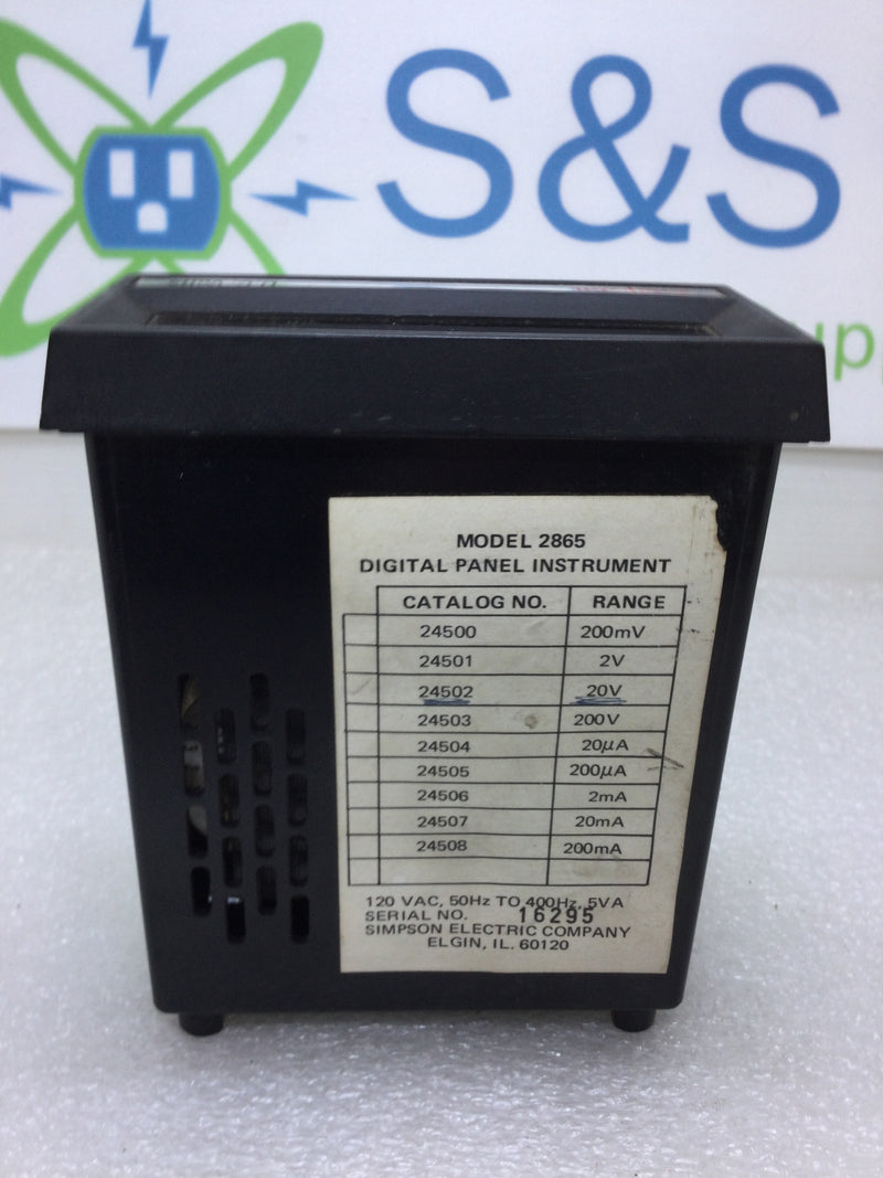 Simpson 24502 Model 2865 Digital Panel Instrument 120V 50/400HZ 5VA D/C 20V