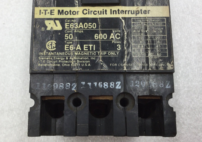 ITE E63A050 50 Amp 3 Pole 600 VAC Motor Circuit Interrupter with Shunt Trip and Without Lugs