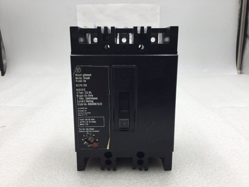 Westinghouse MCP0358 7 Amp 3 Pole 600 VAC Motor Circuit Protector/Breaker