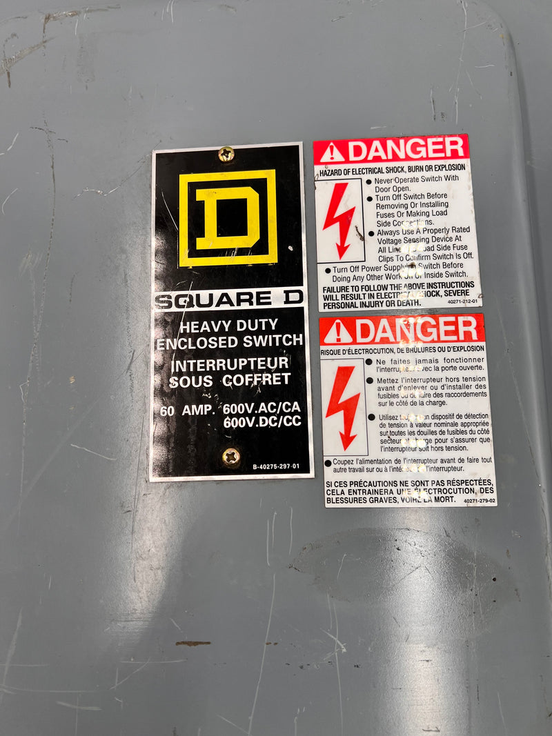 Square D H462 Fusible Disconnect 3 Pole 600v 60 Amp Type 1