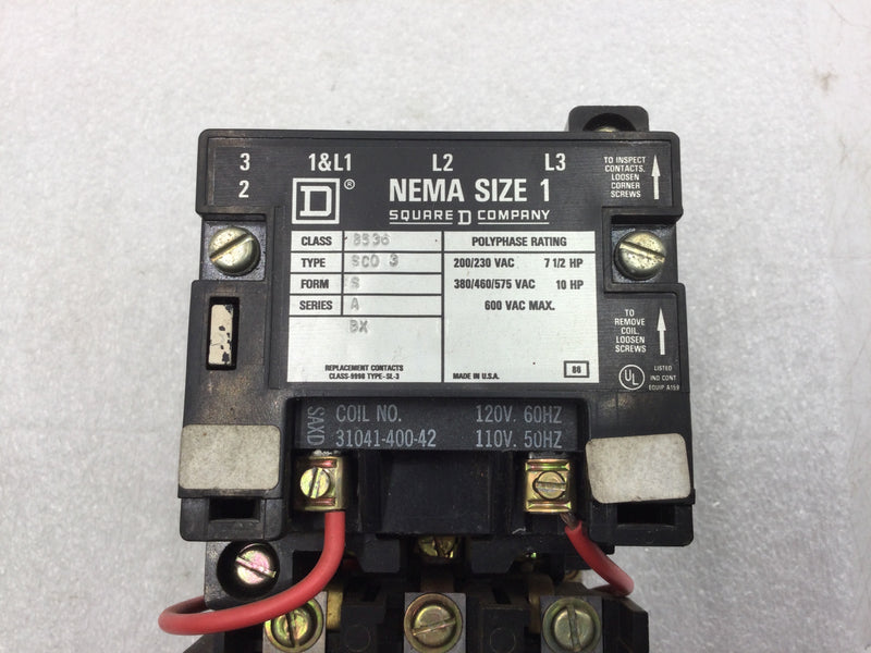 Square D 8536SC03S Starter/Contactor 600V Max 3-Pole Size 1 Series A