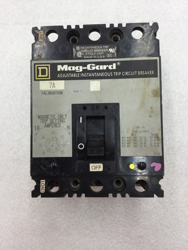 Square D FAL3600712M 7 Amp 3 Pole 600 VAC Mag-Guard Circuit Breaker with Trip Adjustment