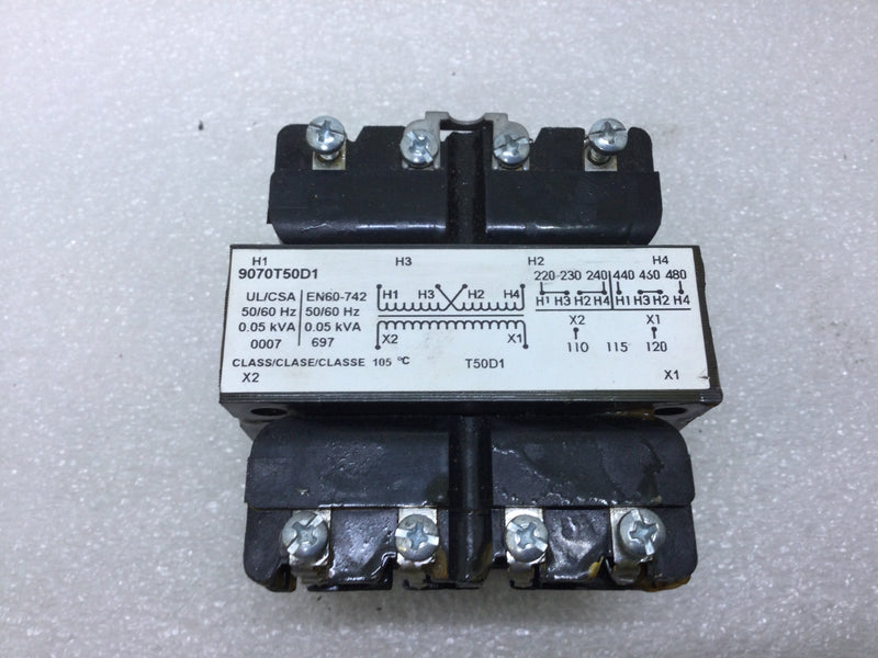 Square D 9070T50D1 Industrial Control Transformer 220-480V Class X2 kVA 0.05