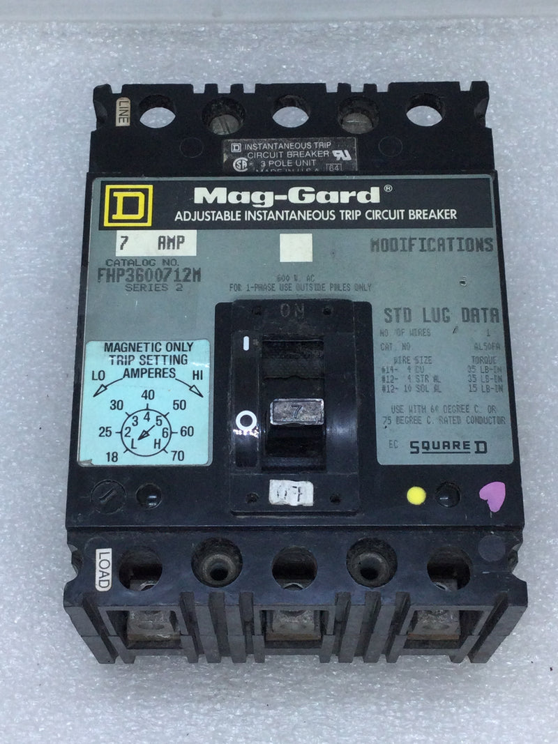 Square D FHP3600712M 7 Amp 3 Pole 600 VDC Mag-Gard Circuit Breaker with Adjustable Trip