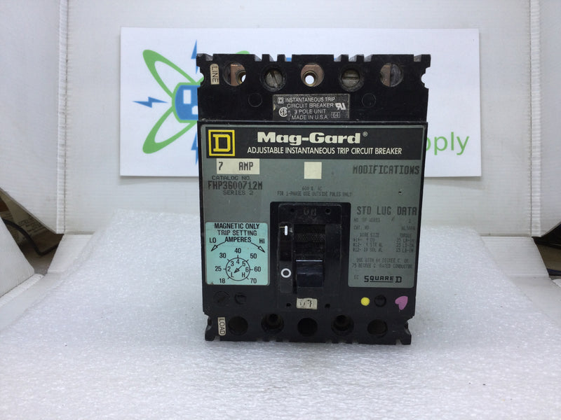 Square D FHP3600712M 7 Amp 3 Pole 600 VDC Mag-Gard Circuit Breaker with Adjustable Trip