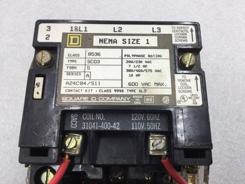 Square D 8536SC03A Contactor 600V Max Series A 3-Pole Electrical Interlock Size 1