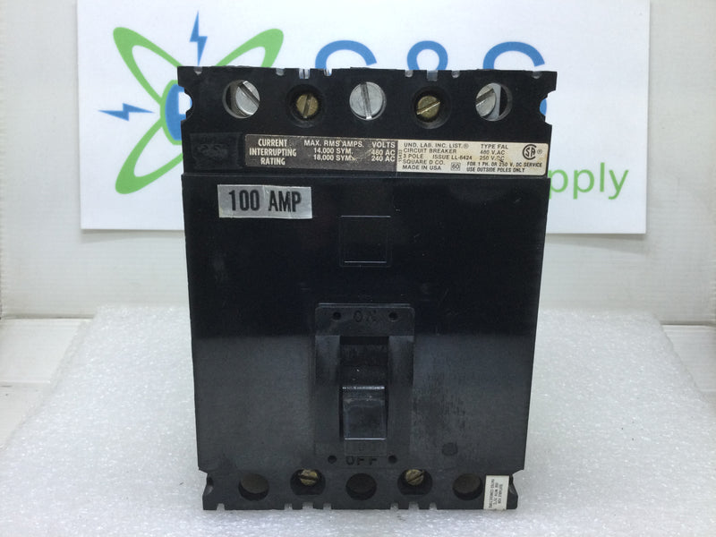 Square D FAL34100 3 Pole 100 Amp 480 Volt 120vac Circuit Breaker