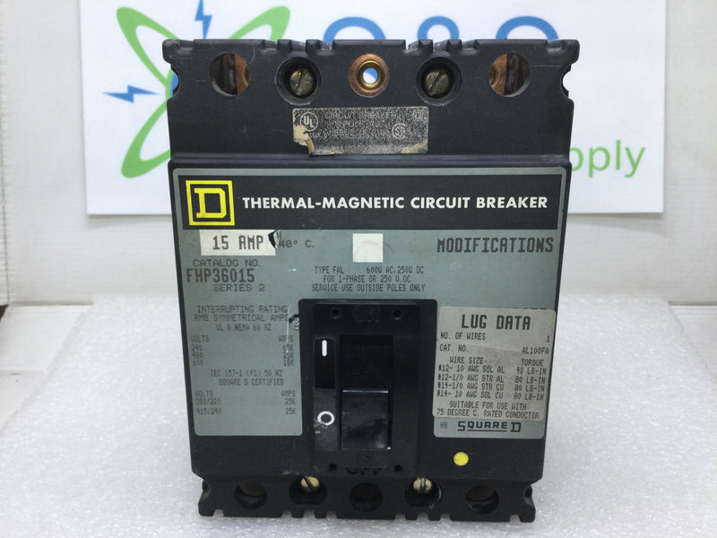 Square D FHP36015 15 Amp 3 Pole 600V Thermal Magnetic Circuit Breaker