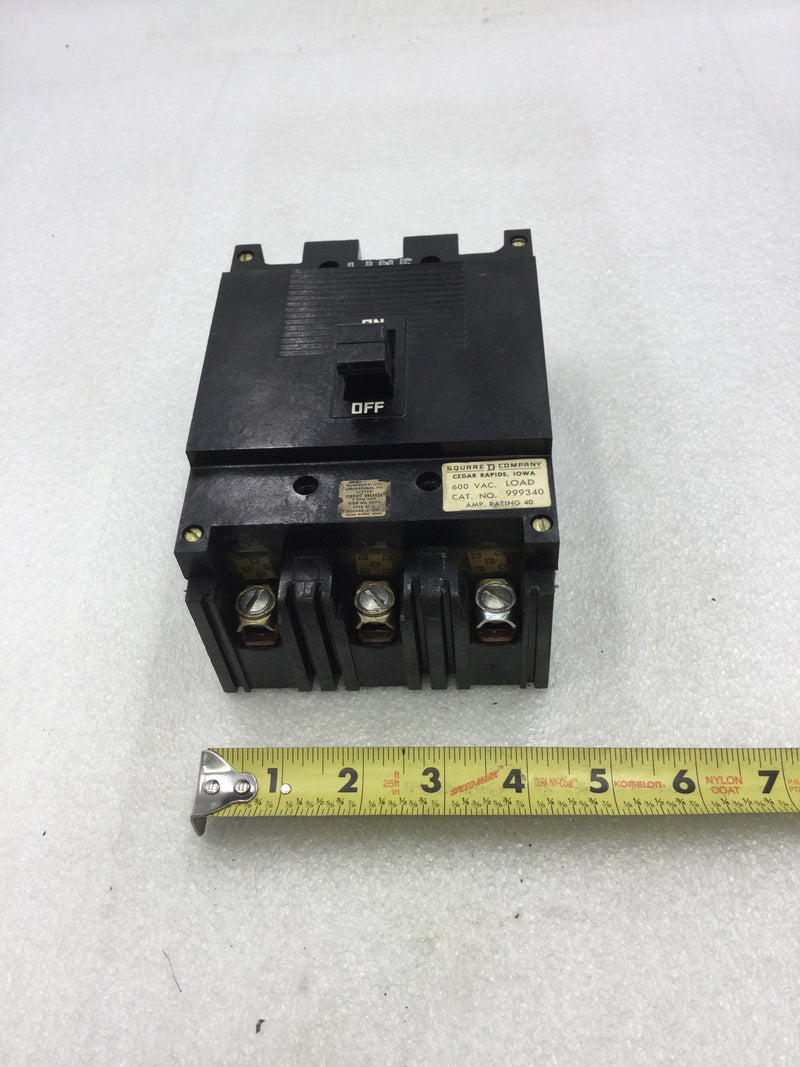 Square D 999340 3 Pole 40 Amp 480/600 VAC Type ML-1 Circuit Breaker