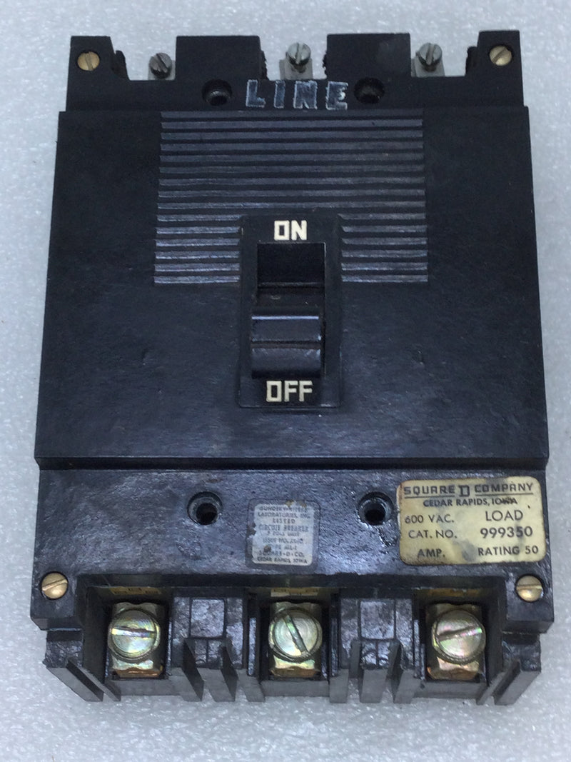 Square D 999350 3 Pole 50 Amp 480/600 VAC Type ML-1 Circuit Breaker