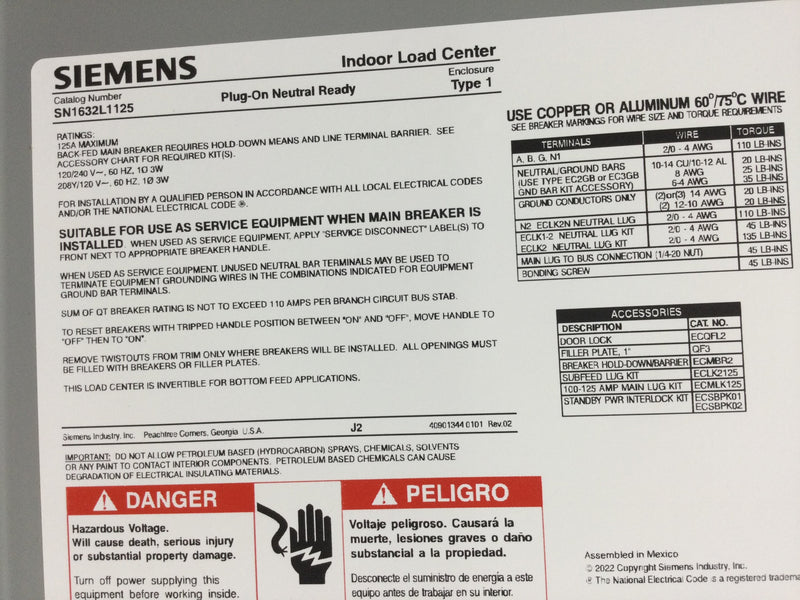 Siemens SN1632L1125 Load Center Cover/Door with Deadfront 16 Space 125 Amp 120/240V 22 1/8" x 15 1/2"