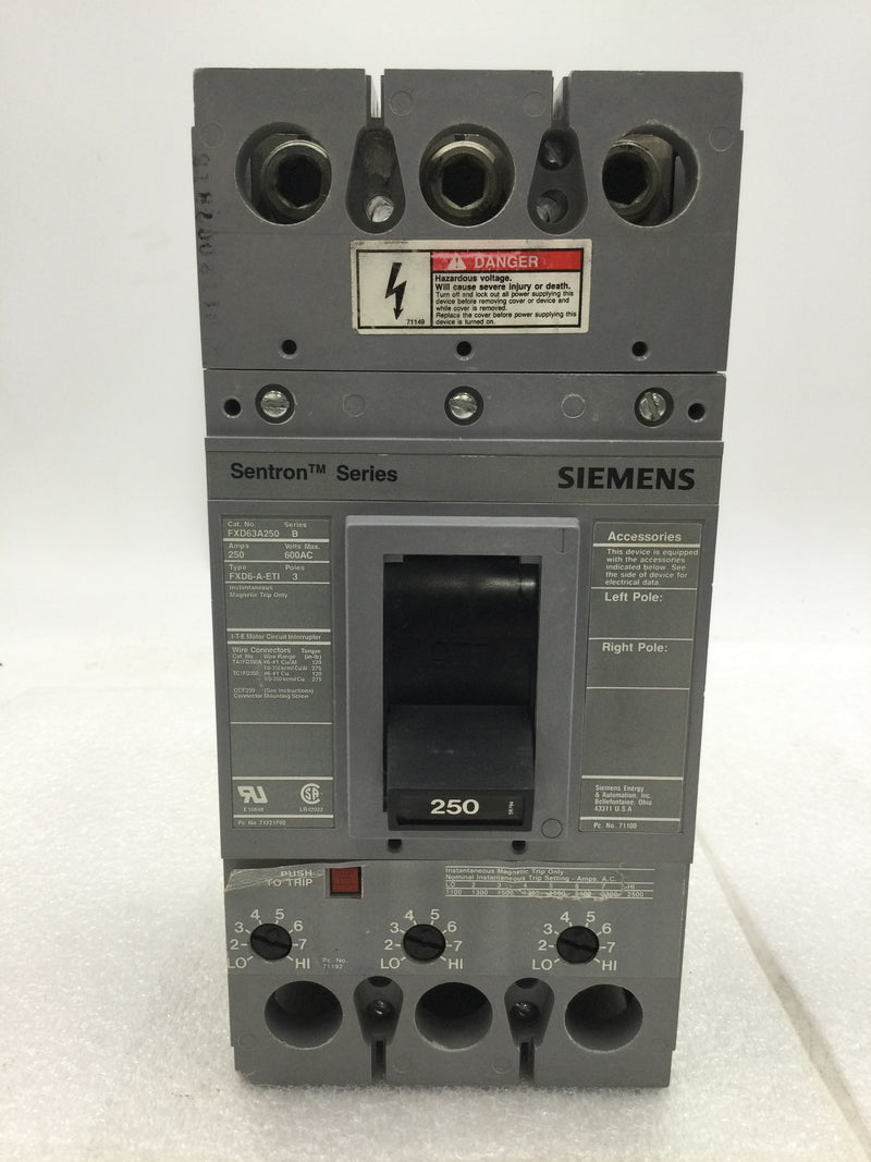 Siemens Sentron Series FXD63A250 Series B 250 Amp 3 Pole 600Vac Circuit Breaker