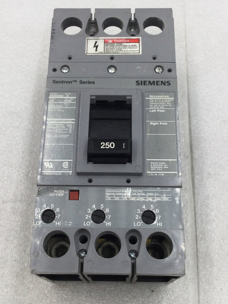 Siemens Sentron Series FXD63A250 Series B 250 Amp 3 Pole 600Vac Circuit Breaker