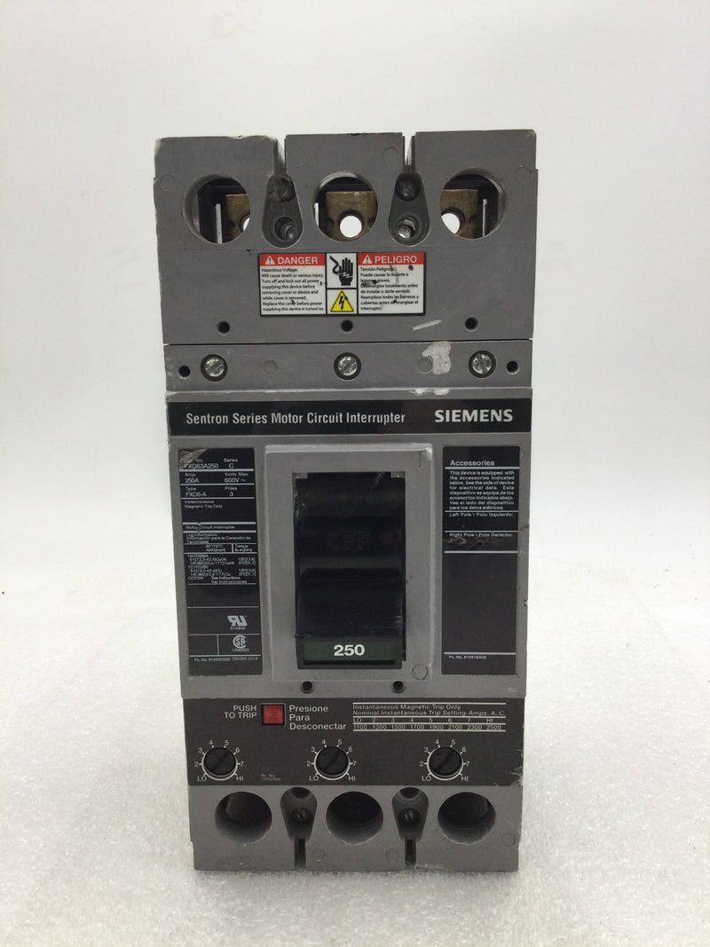 Siemens Sentron Series FXD63A250 Series C 250 Amp 3 Pole 600Vac Circuit Interrupter