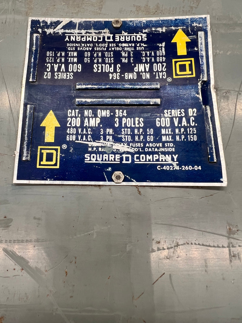 Square D QMB-364 200 Amp 600v Panelboard Disconnect Switch D2 3 Phase