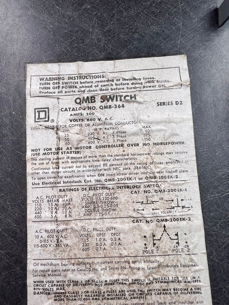 Square D QMB-364 200 Amp 600v Panelboard Disconnect Switch D2 3 Phase