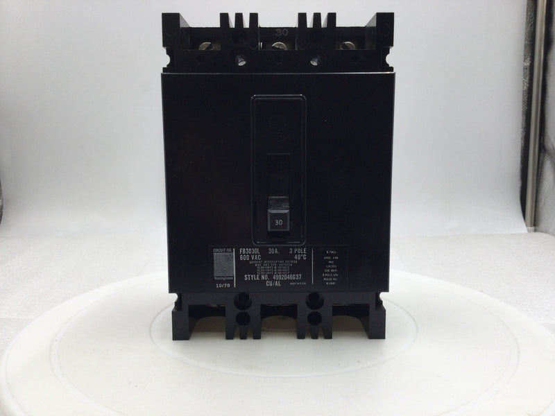 Westinghouse FB3030L 30 Amp 3 Pole 600V Circuit Breaker
