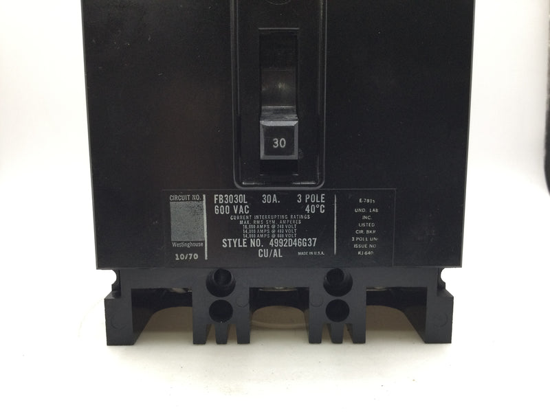 Westinghouse FB3030L 30 Amp 3 Pole 600V Circuit Breaker