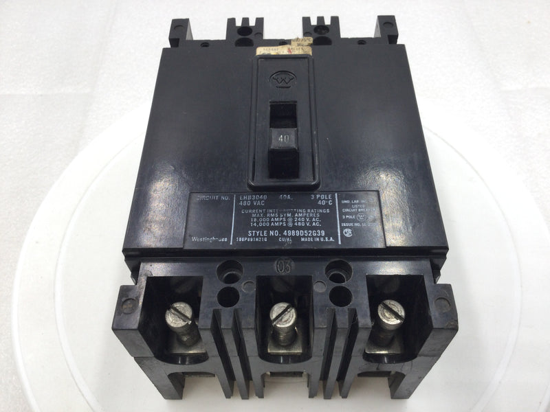 Westinghouse EHB3040 40 Amp 3 Pole 480V Series EB Circuit Breaker