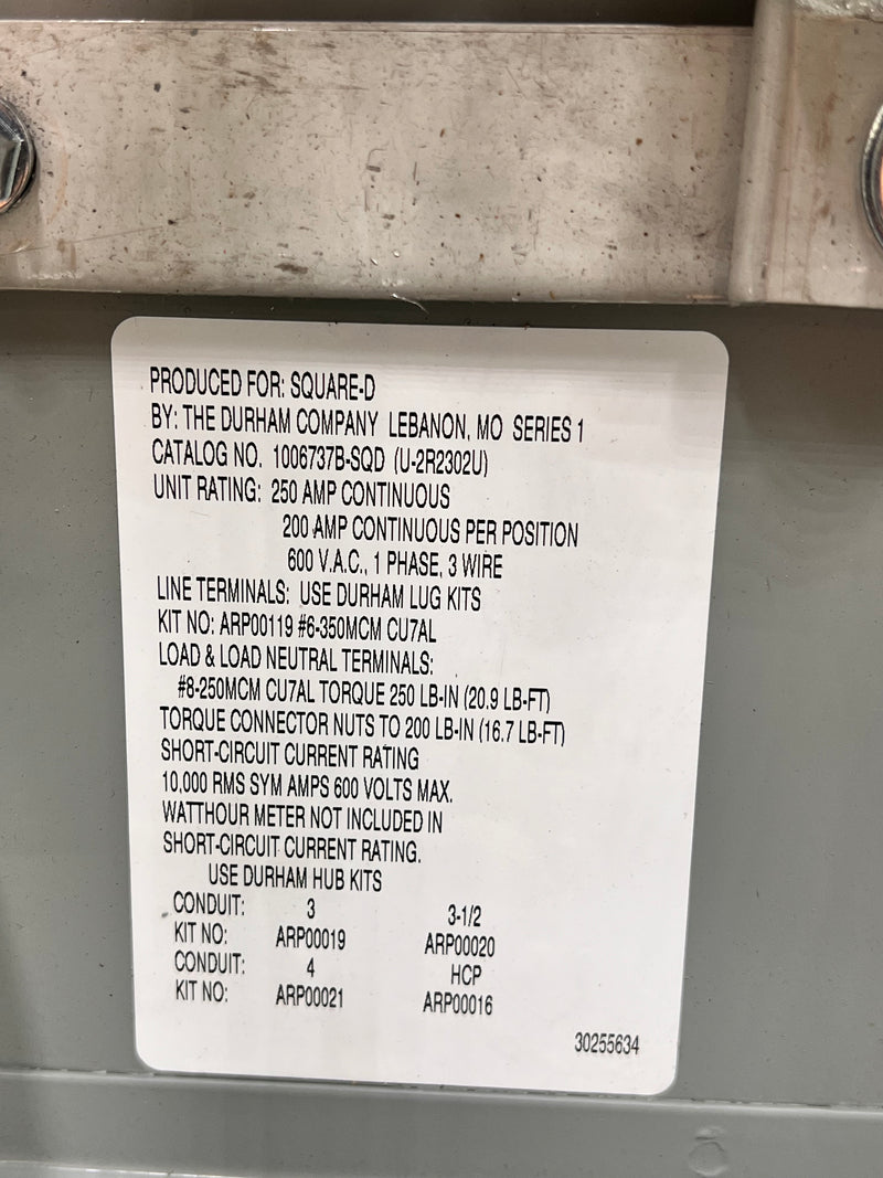 Square D Meter Socket 1006737b-SQD 200A 1 Phase 3 Wire 4 Jaw 600 V Type 3R 2 Gang