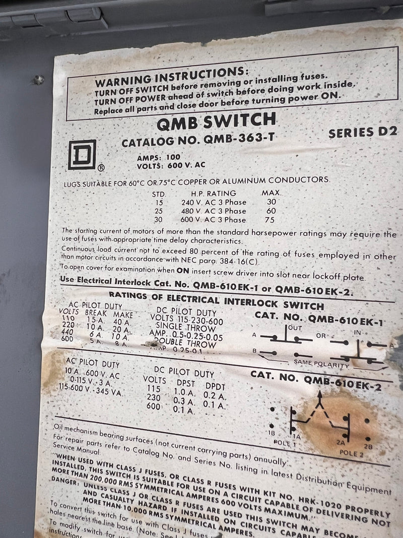 Square D QMB-363-T 100 Amp 600v Twin Fusible Panelboard Switch