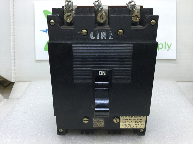 Square D 999315 15 Amp 3 Pole 600Vac Type ML-1 Circuit Breaker